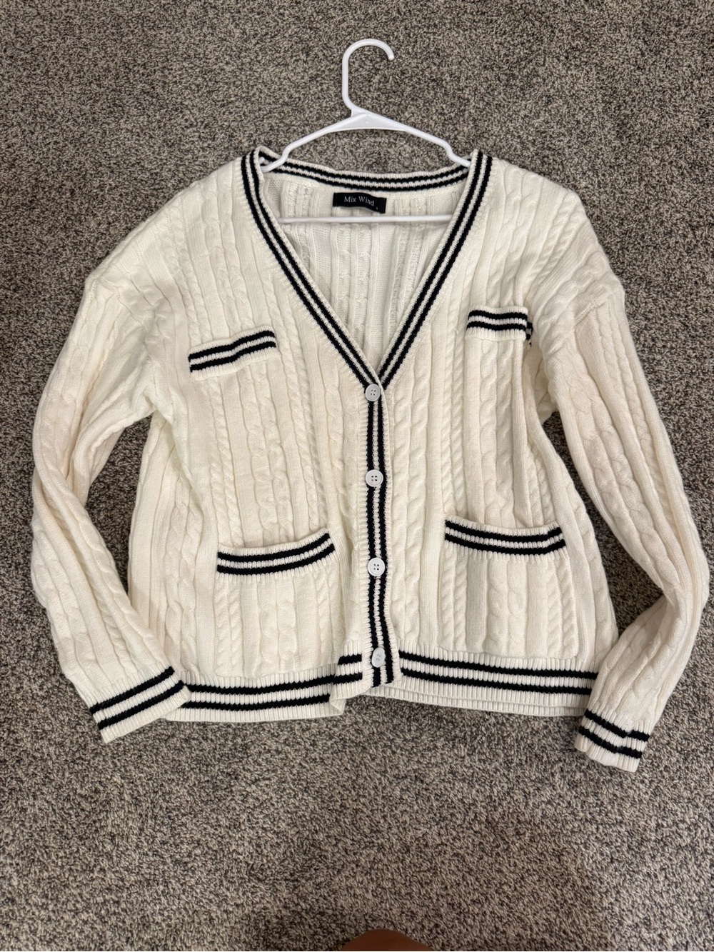 Mix Cream Cable Cardigan with Black Trim